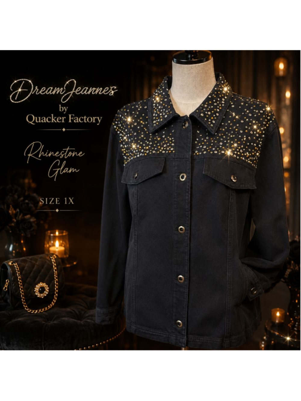 DreamJeannes Quacker Factory 1X Black Rhinestone Studded Stretch Jacket Glam